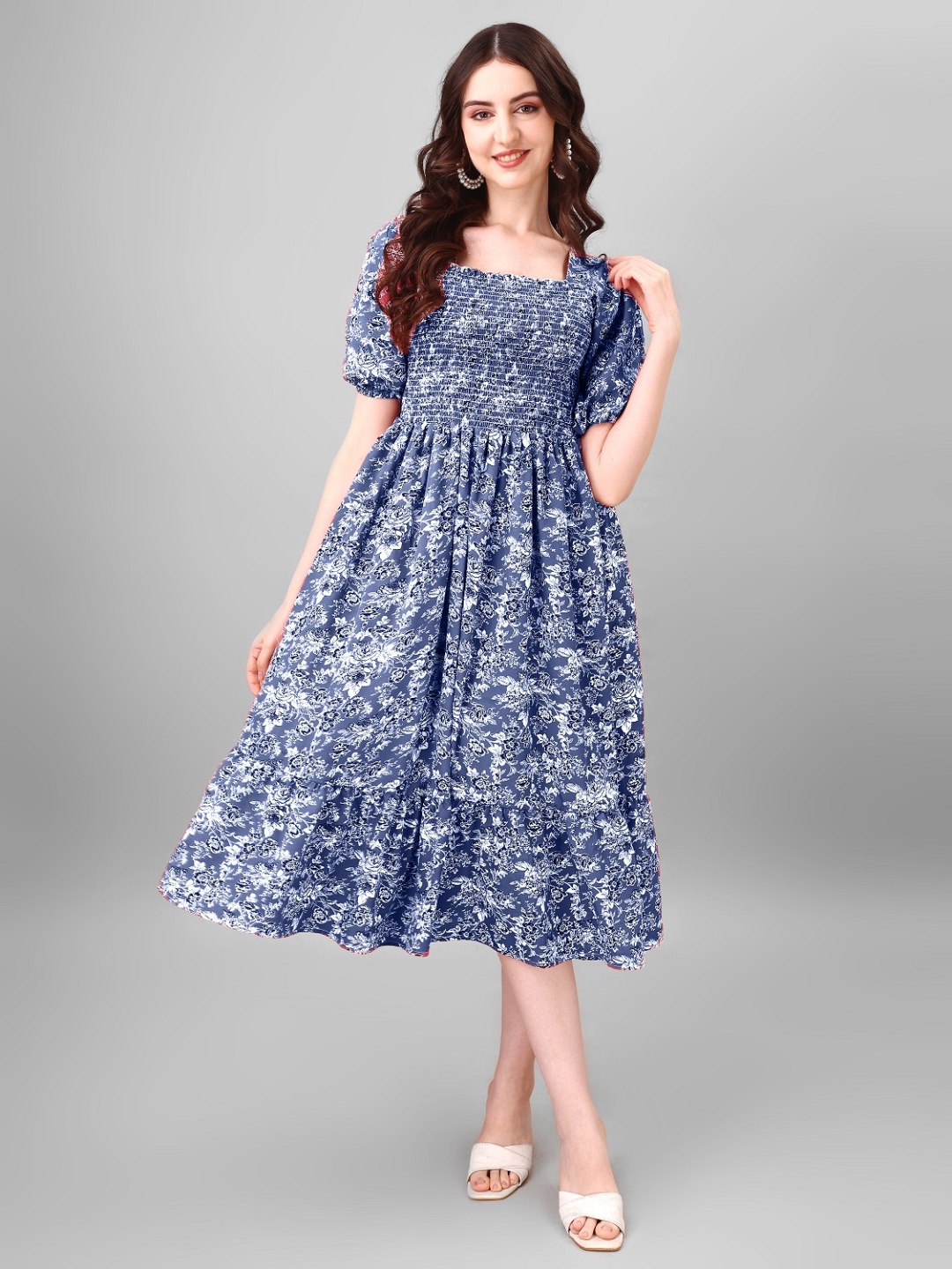 Krunal Raiyani Floral Printed Square Neck Puff Sleeves Smocked Fit & Flare Midi Dress, Blue
Krunal Raiyani Floral Printed Square Neck Puff Sleeves Smocked Fit & Flare Midi Dress, Blue