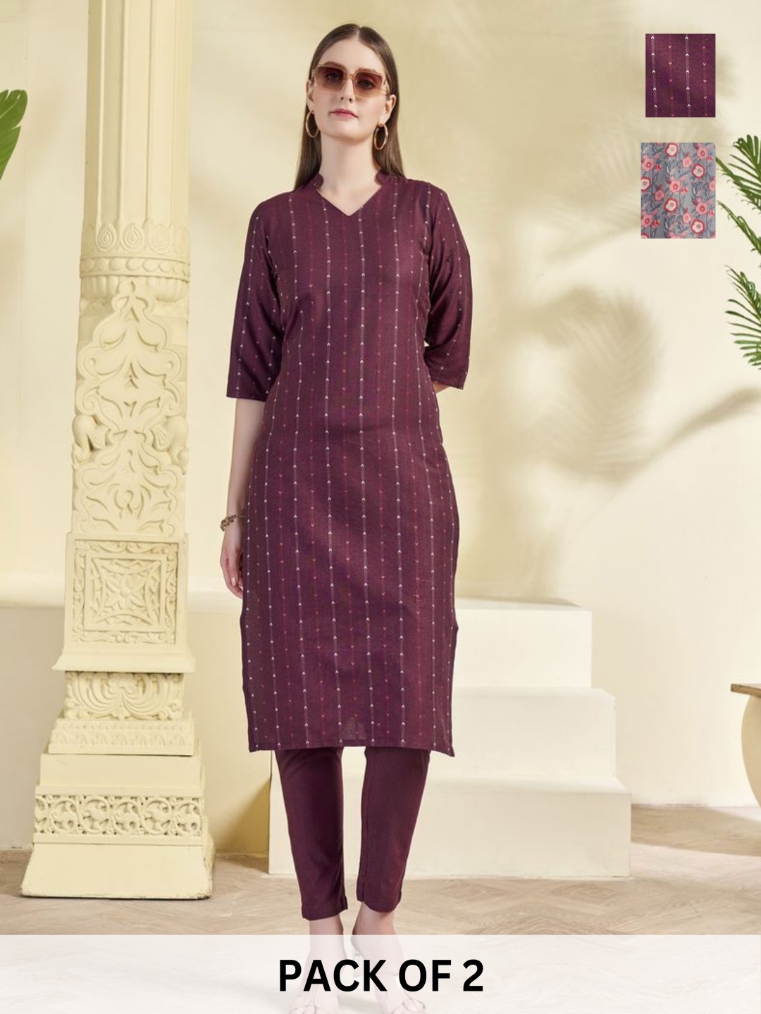 KALINI Selection Of 2 Striped Self Design Mandarin Collar Straight Kurta with Trousers, Grey
KALINI Selection Of 2 Striped Self Design Mandarin Collar Straight Kurta with Trousers, Grey