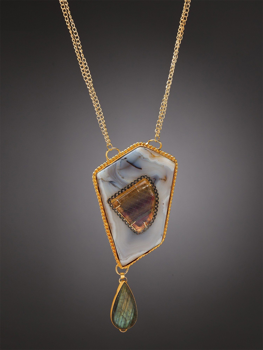 Exotic India Large Agate Gemstone Double Strand Necklace with Tourmaline and Labradorite, Gold
Exotic India Large Agate Gemstone Double Strand Necklace with Tourmaline and Labradorite, Gold