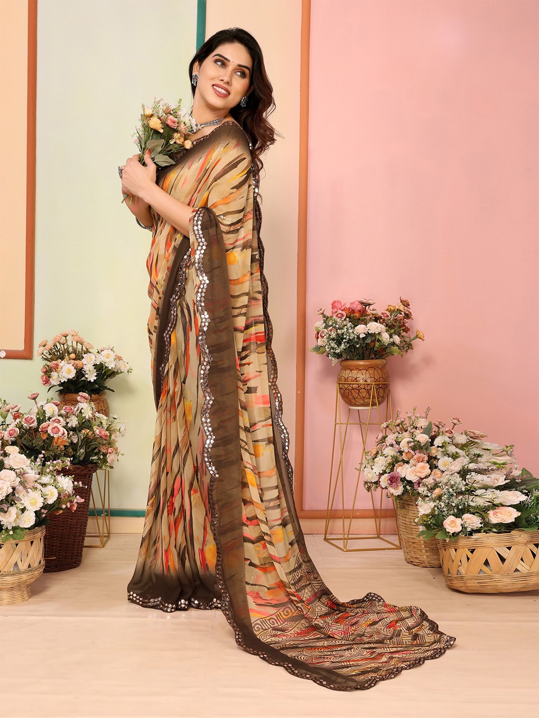 Ambuja International Women Abstract Printed Embroidered Mirror Work Pure Georgette Saree, Cream
Ambuja International Women Abstract Printed Embroidered Mirror Work Pure Georgette Saree, Cream