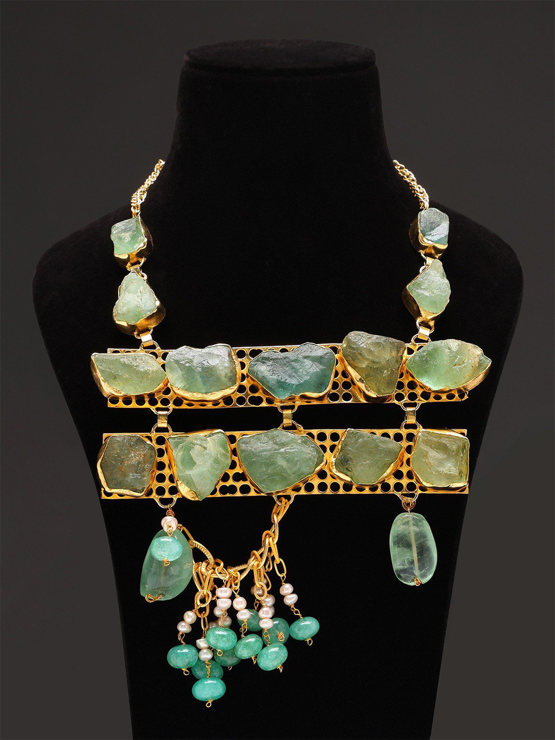 Exotic India Raw Green Aquamarine Necklace With Dangling Jade And Pearls, Gold
Exotic India Raw Green Aquamarine Necklace With Dangling Jade And Pearls, Gold