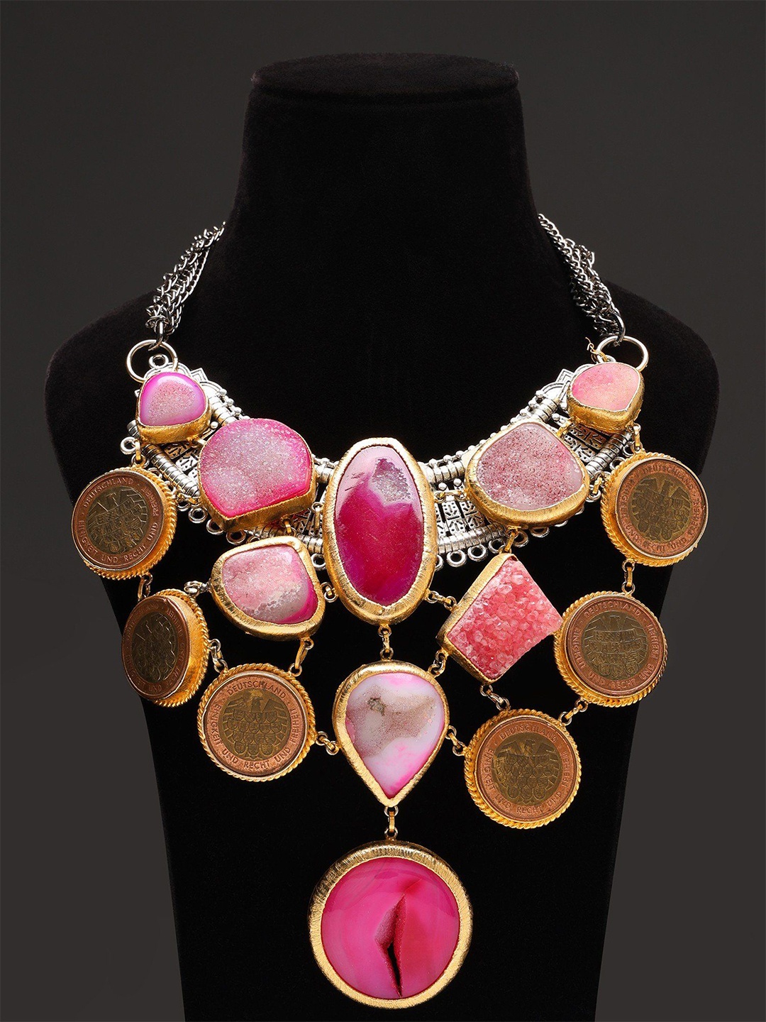 Exotic India Natural Pink Agate Geode Statement Necklace with Deutschland Token Coin, Silver
Exotic India Natural Pink Agate Geode Statement Necklace with Deutschland Token Coin, Silver