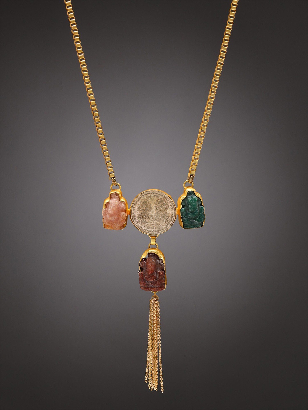 Exotic India Lakshmi Ganesha Coin Necklace With Green Aventurine Rose Quartz And Gemstone, Gold
Exotic India Lakshmi Ganesha Coin Necklace With Green Aventurine Rose Quartz And Gemstone, Gold