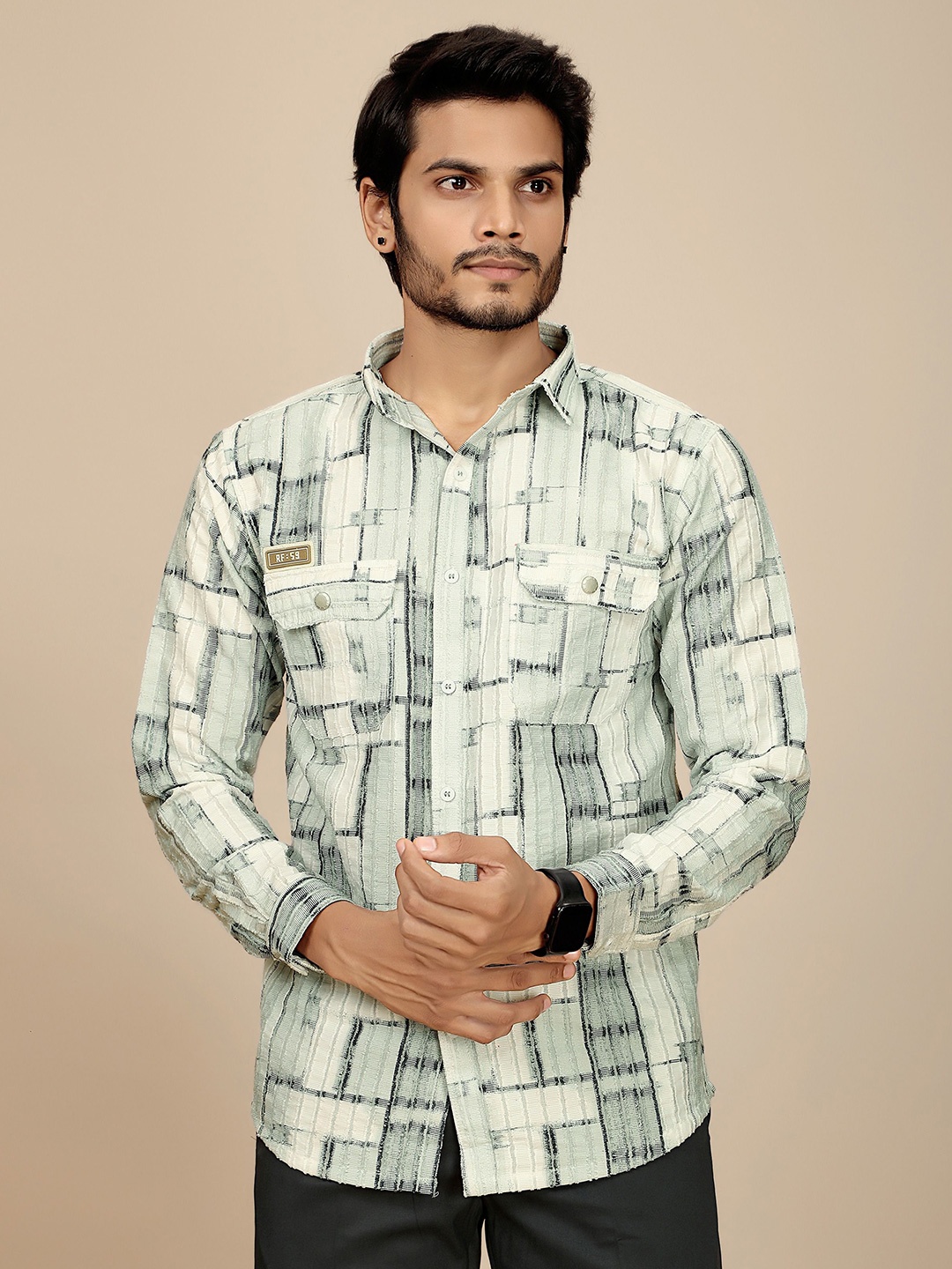 JOSE N POSE Men Premium Tailored Fit Spread Collar Geometric Printed Cupro Casual Shirt, Off white
JOSE N POSE Men Premium Tailored Fit Spread Collar Geometric Printed Cupro Casual Shirt, Off white