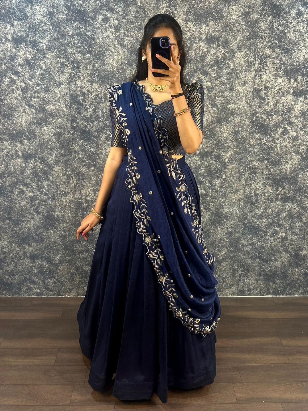 Rujave Embroidered Sequinned Silk Georgette Ready to Wear Lehenga & Blouse With Dupatta, Navy blue
Rujave Embroidered Sequinned Silk Georgette Ready to Wear Lehenga & Blouse With Dupatta, Navy blue