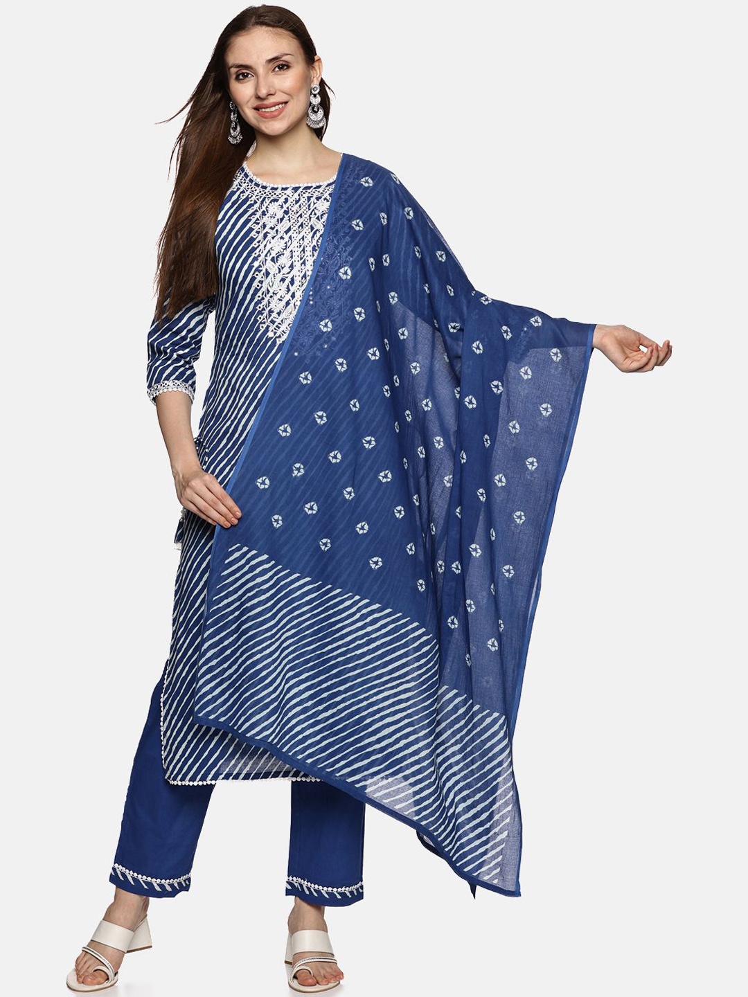 RAJMANDIRFABRICS Leheriya Embroidered Mirror Work PureCotton Kurta with Trousers & Dupatta, Blue
RAJMANDIRFABRICS Leheriya Embroidered Mirror Work PureCotton Kurta with Trousers & Dupatta, Blue