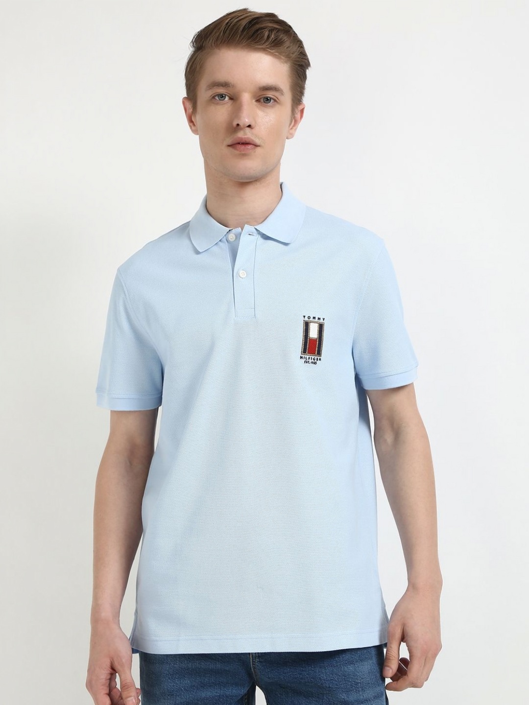 Tommy Hilfiger Men Brand Logo Embroidered Polo Collar Pure Cotton T-shirt, Blue
Tommy Hilfiger Men Brand Logo Embroidered Polo Collar Pure Cotton T-shirt, Blue
