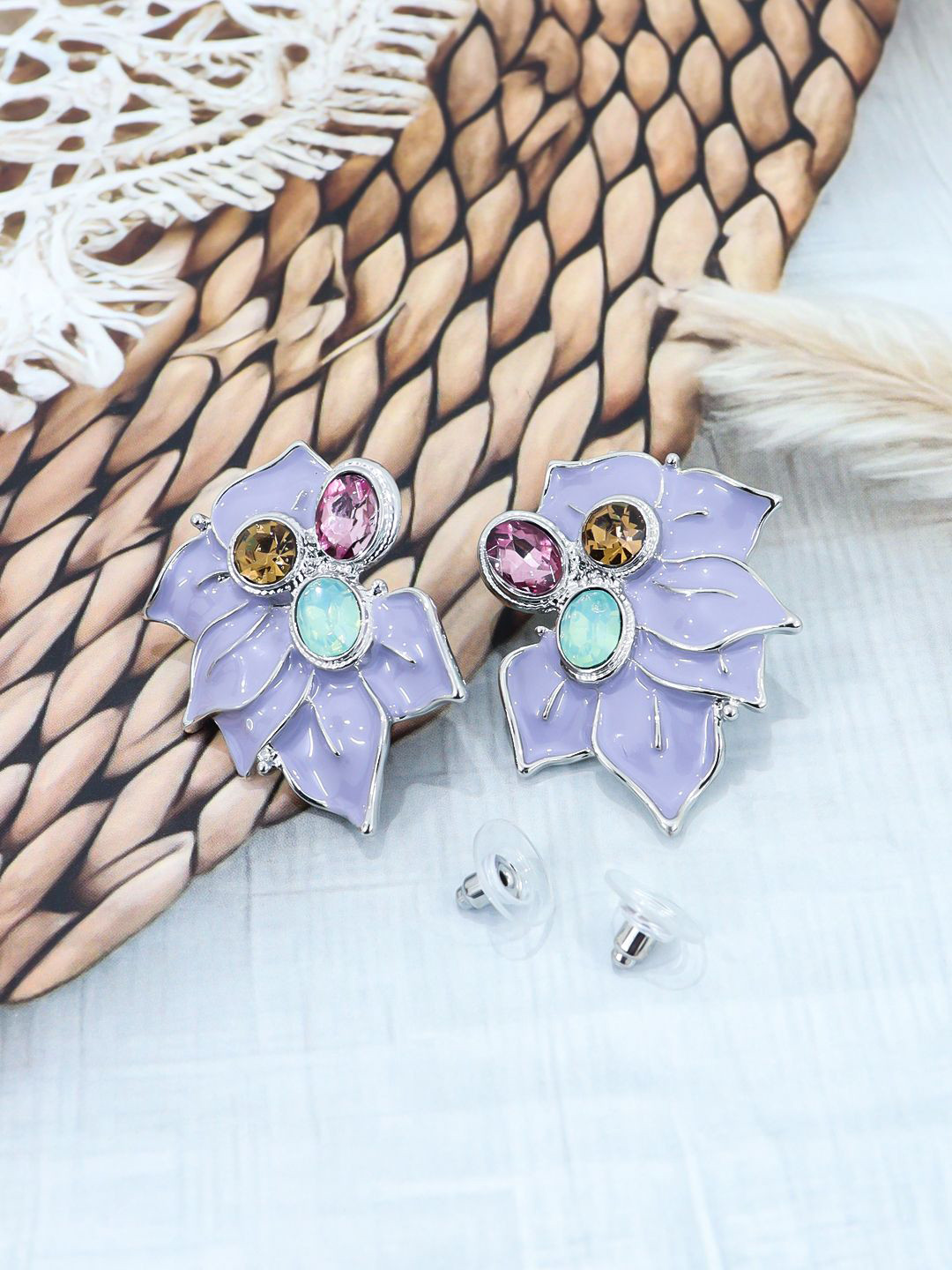 FIMBUL Silver-Plated Floral Stainless Steel Rhinestone Studded Antique Studs, Lavender 
FIMBUL Silver-Plated Floral Stainless Steel Rhinestone Studded Antique Studs, Lavender