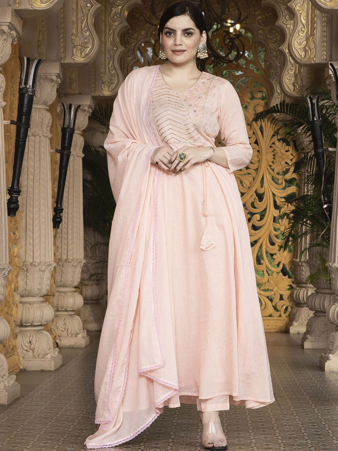 Krimmple Chevron Embroidered Regular Pure Cotton Anarkali Kurta with Trousers & Dupatta, Peach
Krimmple Chevron Embroidered Regular Pure Cotton Anarkali Kurta with Trousers & Dupatta, Peach