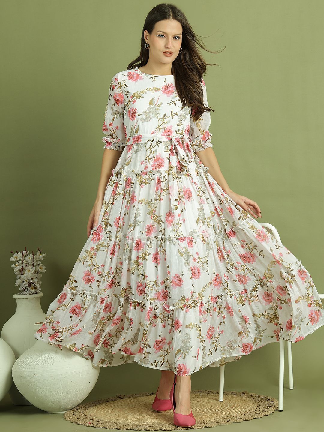 La Zoire Women Floral Printed Puff Sleeves Dress With Elasticated Waist, Off white
La Zoire Women Floral Printed Puff Sleeves Dress With Elasticated Waist, Off white
