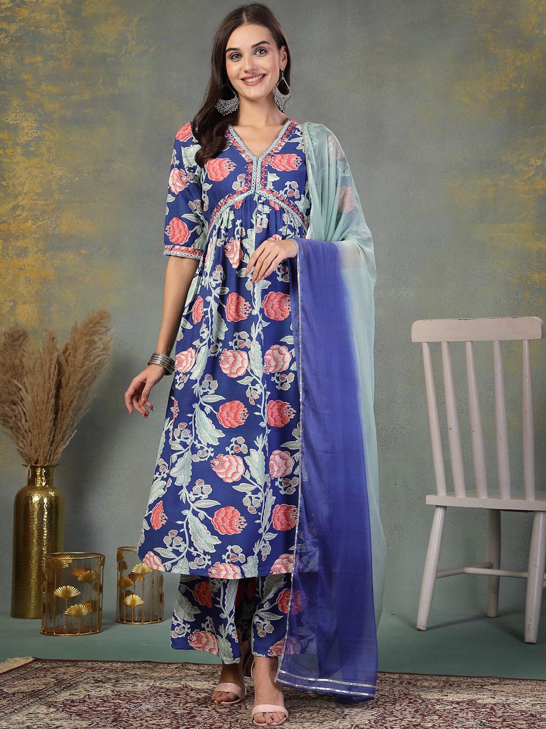Stylum Women Floral Printed Empire Mirror Work Kurta with Palazzos & With Dupatta, Blue
Stylum Women Floral Printed Empire Mirror Work Kurta with Palazzos & With Dupatta, Blue