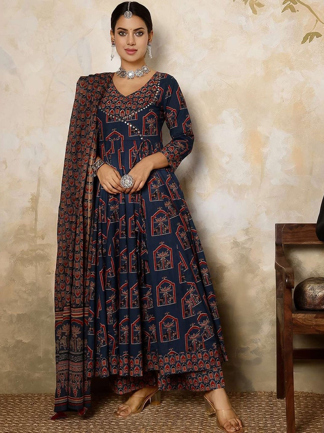 PARTHVI Ethnic Motifs Printed Mirror Work Pure Cotton Kurta With Trousers With Dupatta, Navy blue
PARTHVI Ethnic Motifs Printed Mirror Work Pure Cotton Kurta With Trousers With Dupatta, Navy blue