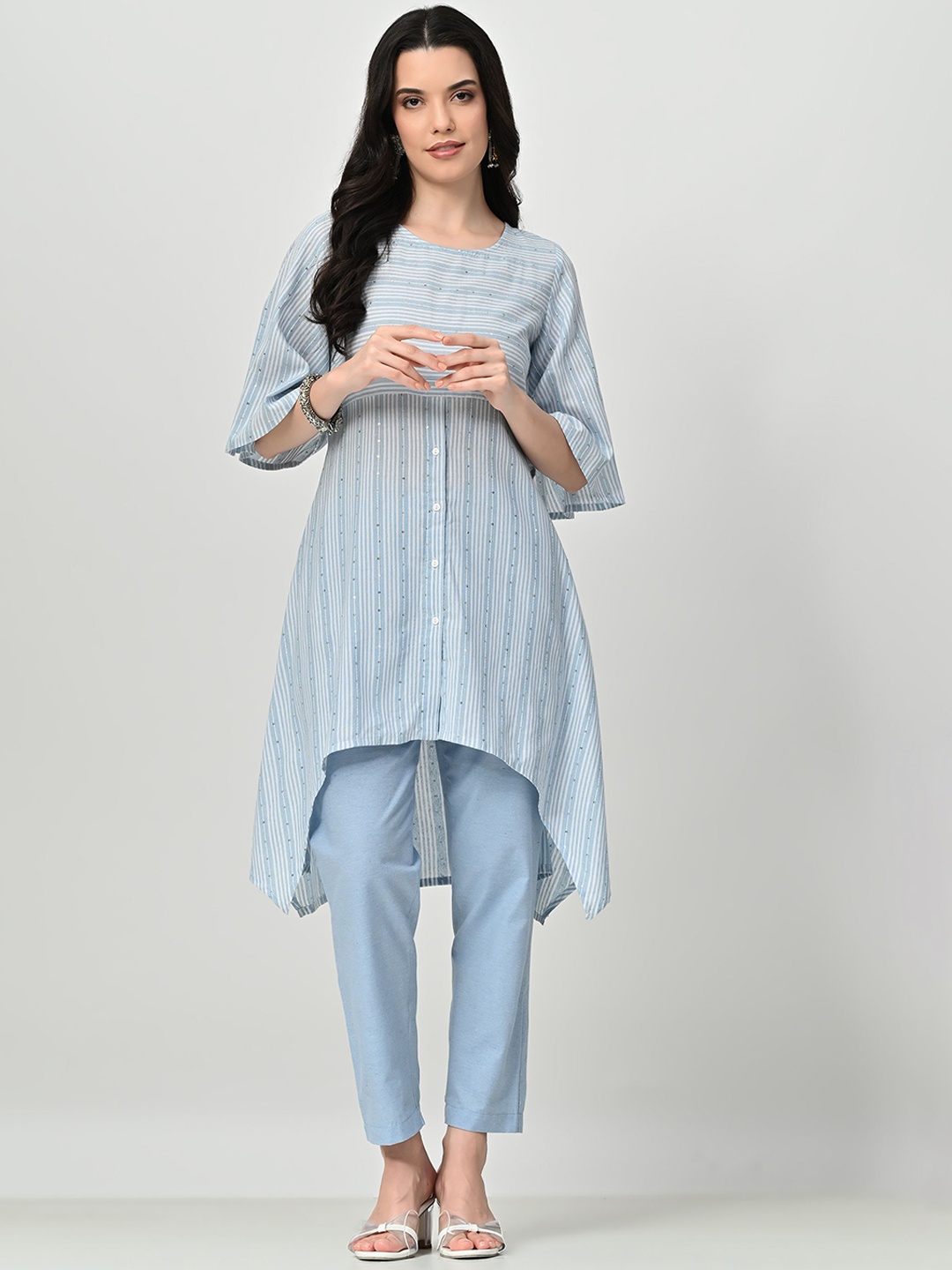 BAESD Striped Round Neck Flared Sleeves Sequinned A-line Kurta With Trousers, Blue
BAESD Striped Round Neck Flared Sleeves Sequinned A-line Kurta With Trousers, Blue