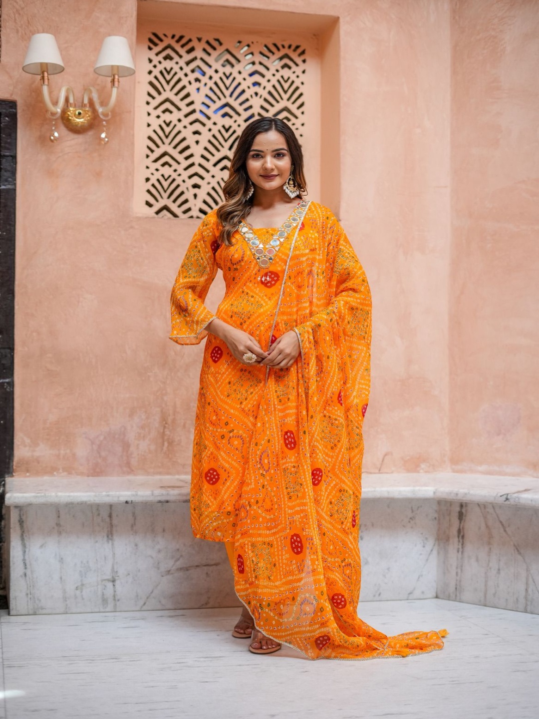 Mirayaz Bandhani Printed Mirror Work Chiffon Straight Kurta With Trouser And Dupatta, Yellow
Mirayaz Bandhani Printed Mirror Work Chiffon Straight Kurta With Trouser And Dupatta, Yellow