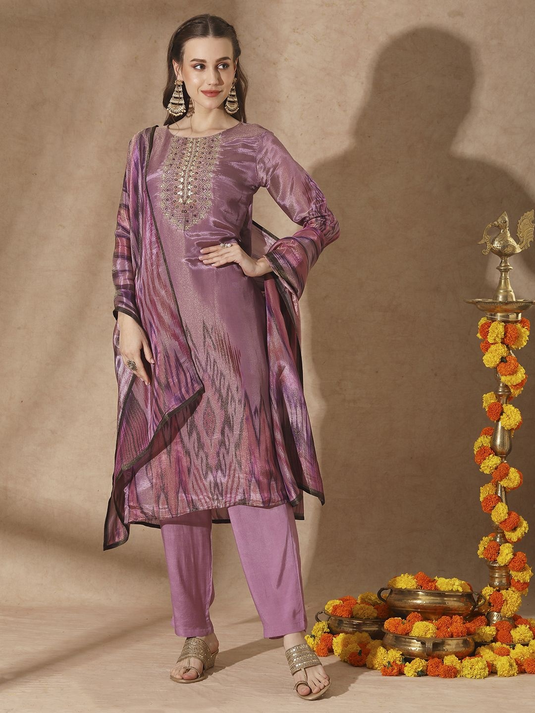 FASHOR Ikat Printed Zari Embroidered Round Neck Straight Kurta with Trousers and Dupatta, Purple
FASHOR Ikat Printed Zari Embroidered Round Neck Straight Kurta with Trousers and Dupatta, Purple