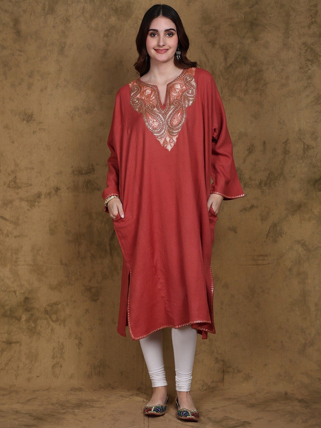 Exotic India Faded Rose Women's Traditional Tilla Embroidered Paisley Wool Kashmir Phiran, Brown
Exotic India Faded Rose Women's Traditional Tilla Embroidered Paisley Wool Kashmir Phiran, Brown
