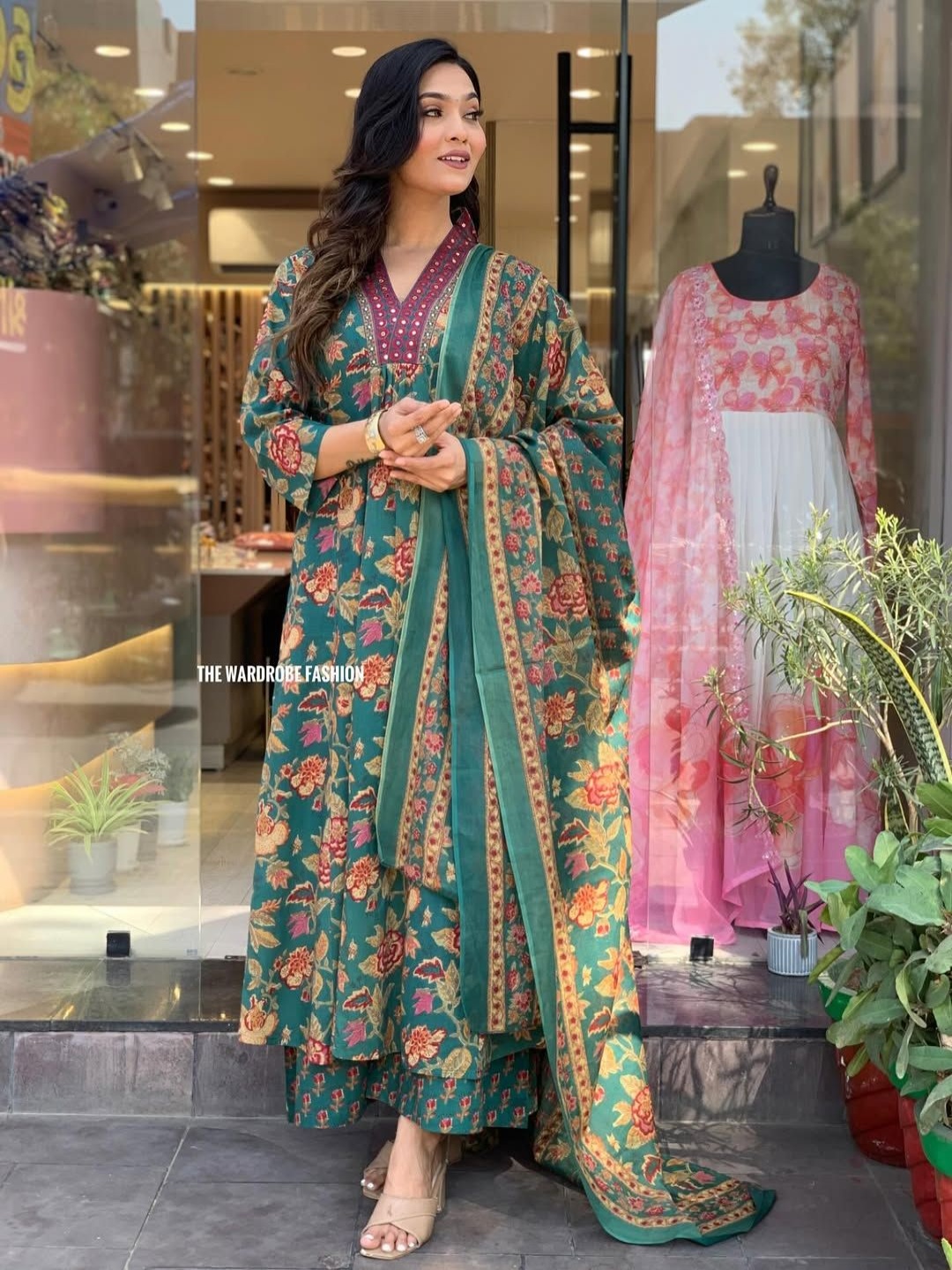 Hujum Floral Printed Mirror Work Pure Cotton Anarkali Kurta With Palazzo And Dupatta, Green
Hujum Floral Printed Mirror Work Pure Cotton Anarkali Kurta With Palazzo And Dupatta, Green
