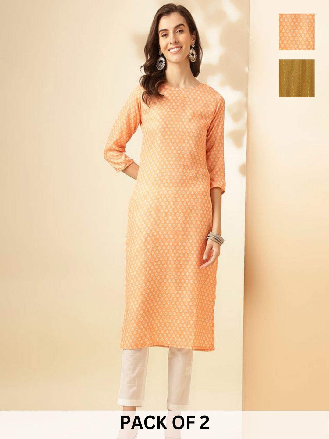 KALINI Selection Of 2 Ethnic Motifs Printed Straight Kurtas With Trousers, Peach
KALINI Selection Of 2 Ethnic Motifs Printed Straight Kurtas With Trousers, Peach