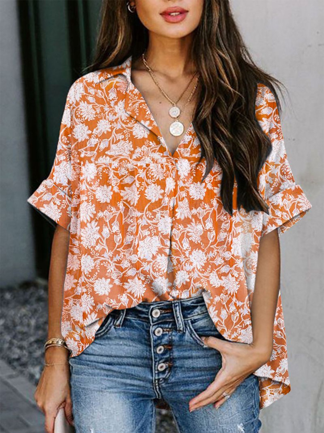 StyleCast Women Oversized Fit Cuban Collar Floral Printed Chiffon Casual Shirt, Orange
StyleCast Women Oversized Fit Cuban Collar Floral Printed Chiffon Casual Shirt, Orange