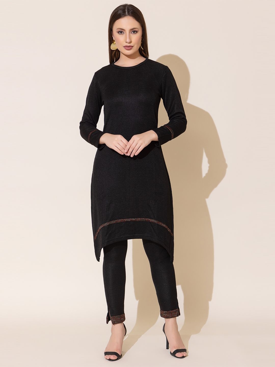 KEIKO Woven Design Round Neck Jacquard Weave Acrylic Straight Kurta with Trousers, Black
KEIKO Woven Design Round Neck Jacquard Weave Acrylic Straight Kurta with Trousers, Black