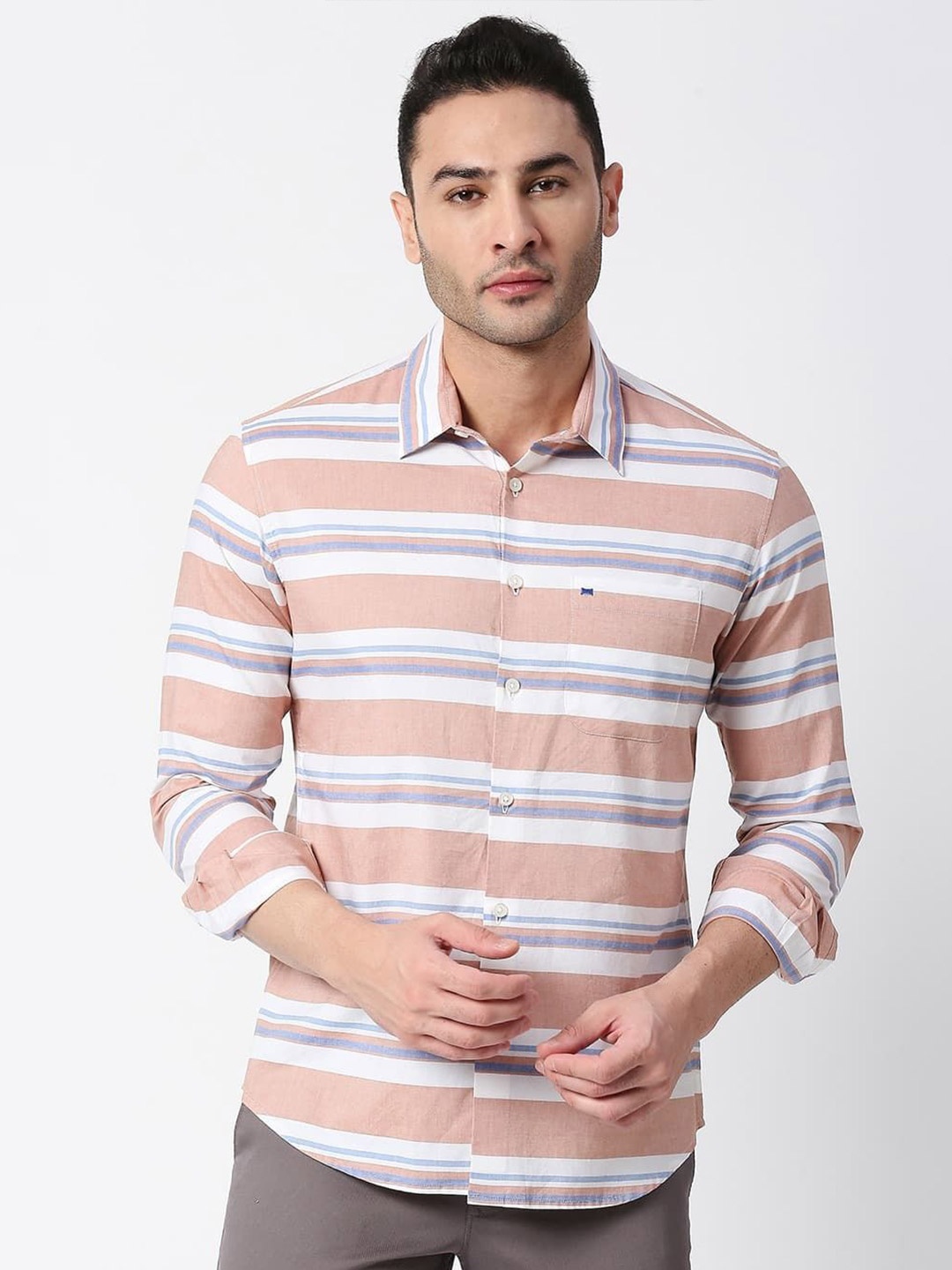 Basics Men Slim Fit Spread Collar Horizontal Striped Cotton Casual Shirt, Peach
Basics Men Slim Fit Spread Collar Horizontal Striped Cotton Casual Shirt, Peach