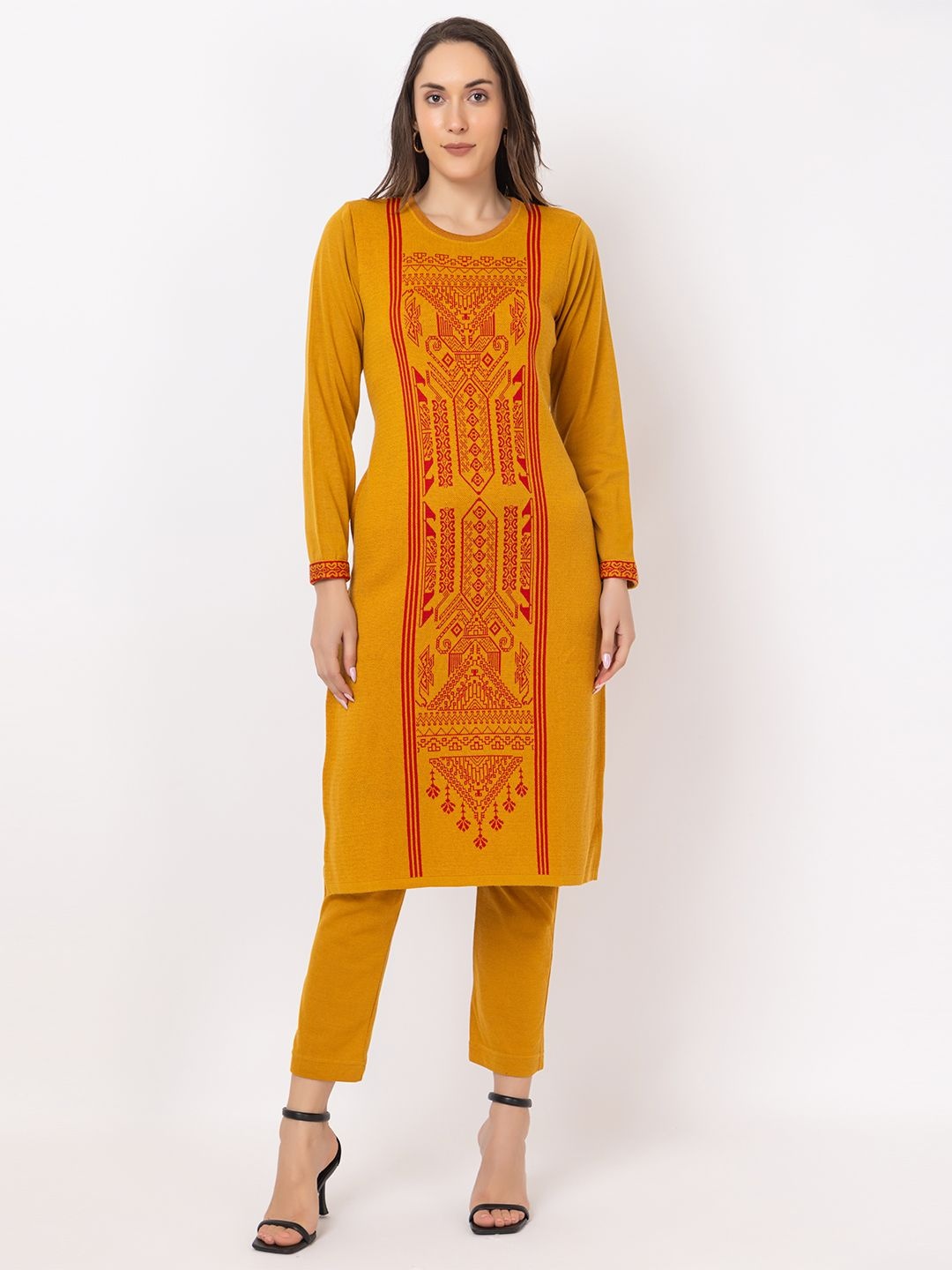 KEIKO Geometric Woven Design Round Neck Jacquard Weave Acrylic Straight Kurtas, Mustard
KEIKO Geometric Woven Design Round Neck Jacquard Weave Acrylic Straight Kurtas, Mustard