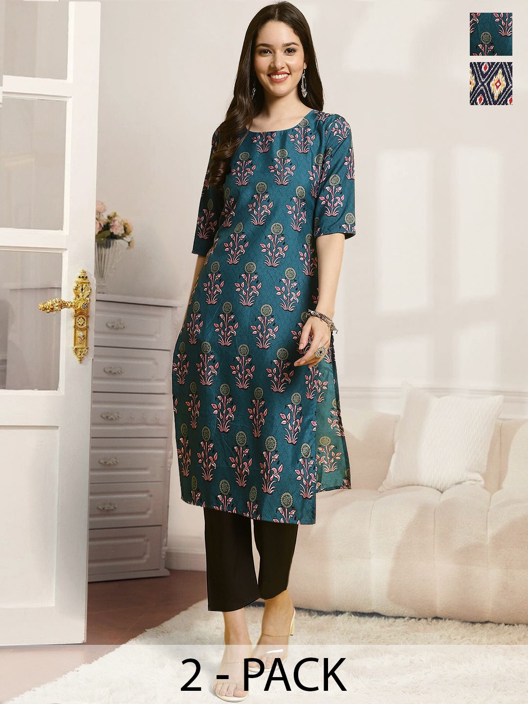 7Threads Selection Of 2 Ethnic Printed Round Neck Straight Kurtas With Trousers, Teal
7Threads Selection Of 2 Ethnic Printed Round Neck Straight Kurtas With Trousers, Teal
