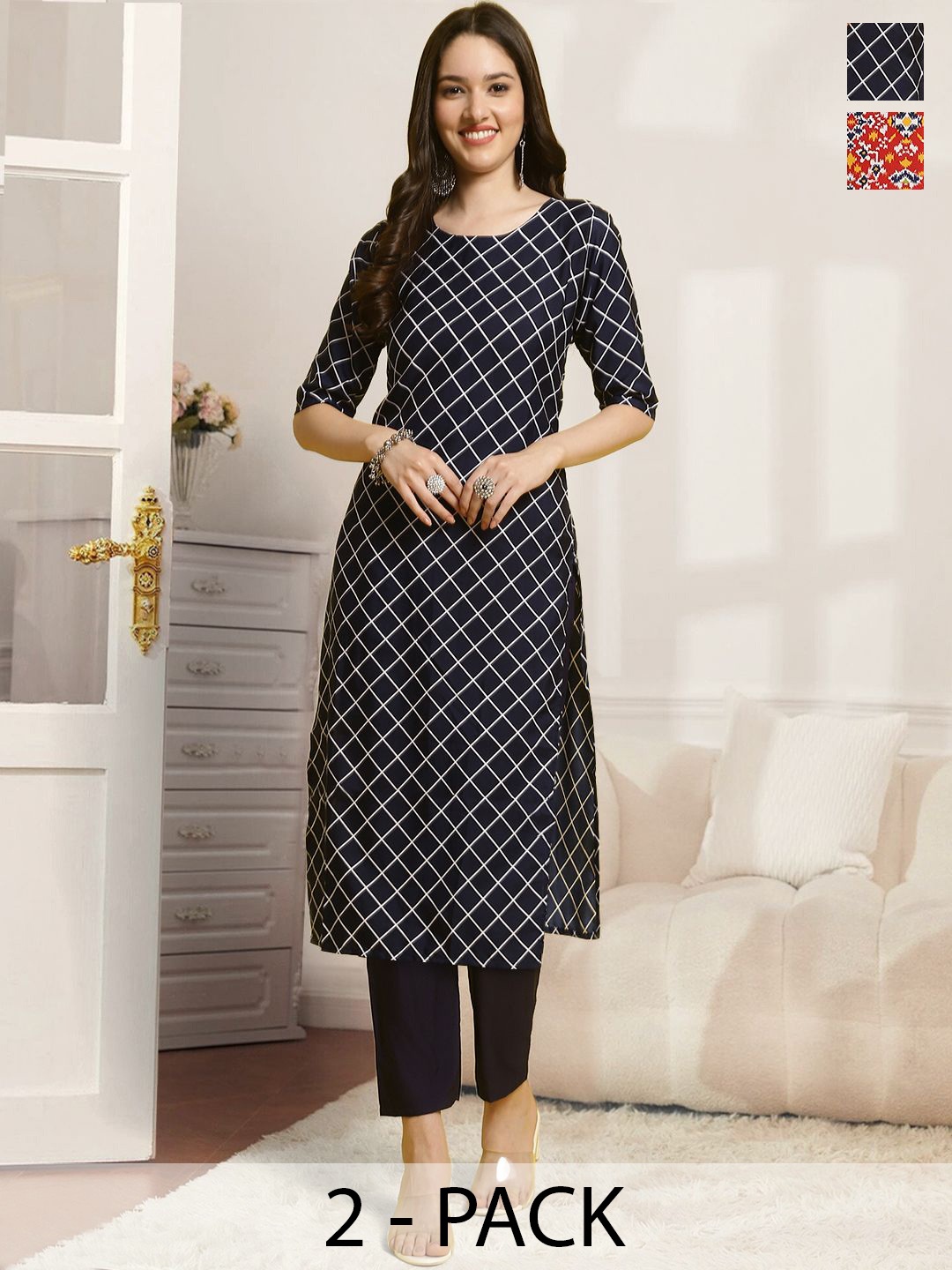 7Threads Selection Of 2 Checked Printed Round Neck Straight Kurta With Trousers, Black
7Threads Selection Of 2 Checked Printed Round Neck Straight Kurta With Trousers, Black