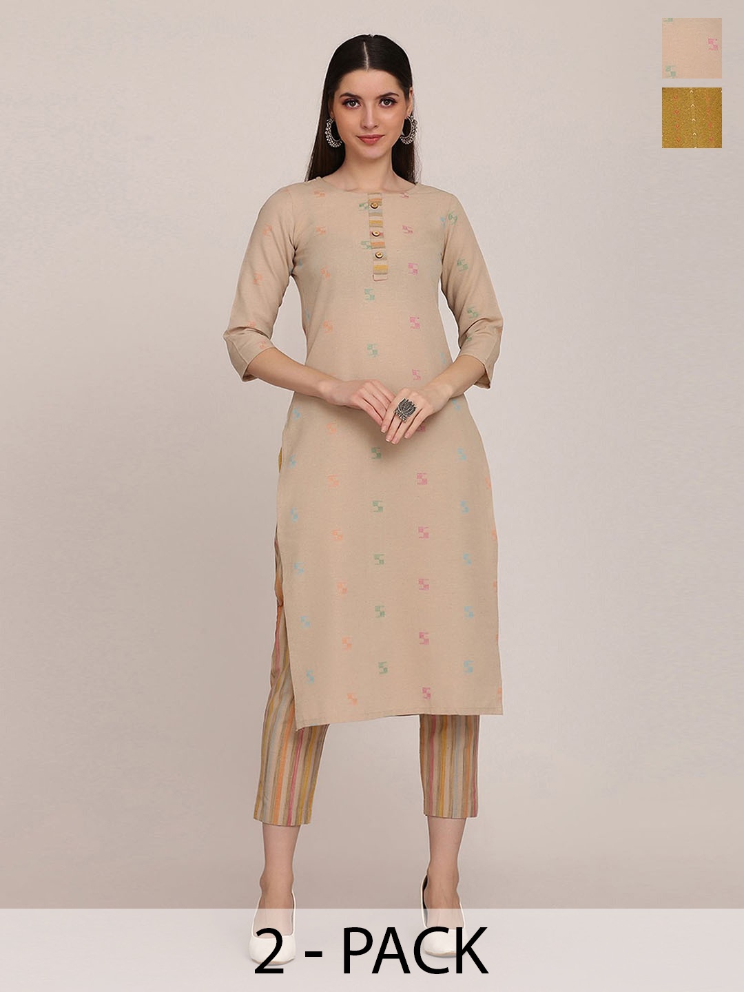 KALINI Selection Of 2 Ethnic Motifs Woven Design Straight Kurtas With Trousers, Beige
KALINI Selection Of 2 Ethnic Motifs Woven Design Straight Kurtas With Trousers, Beige