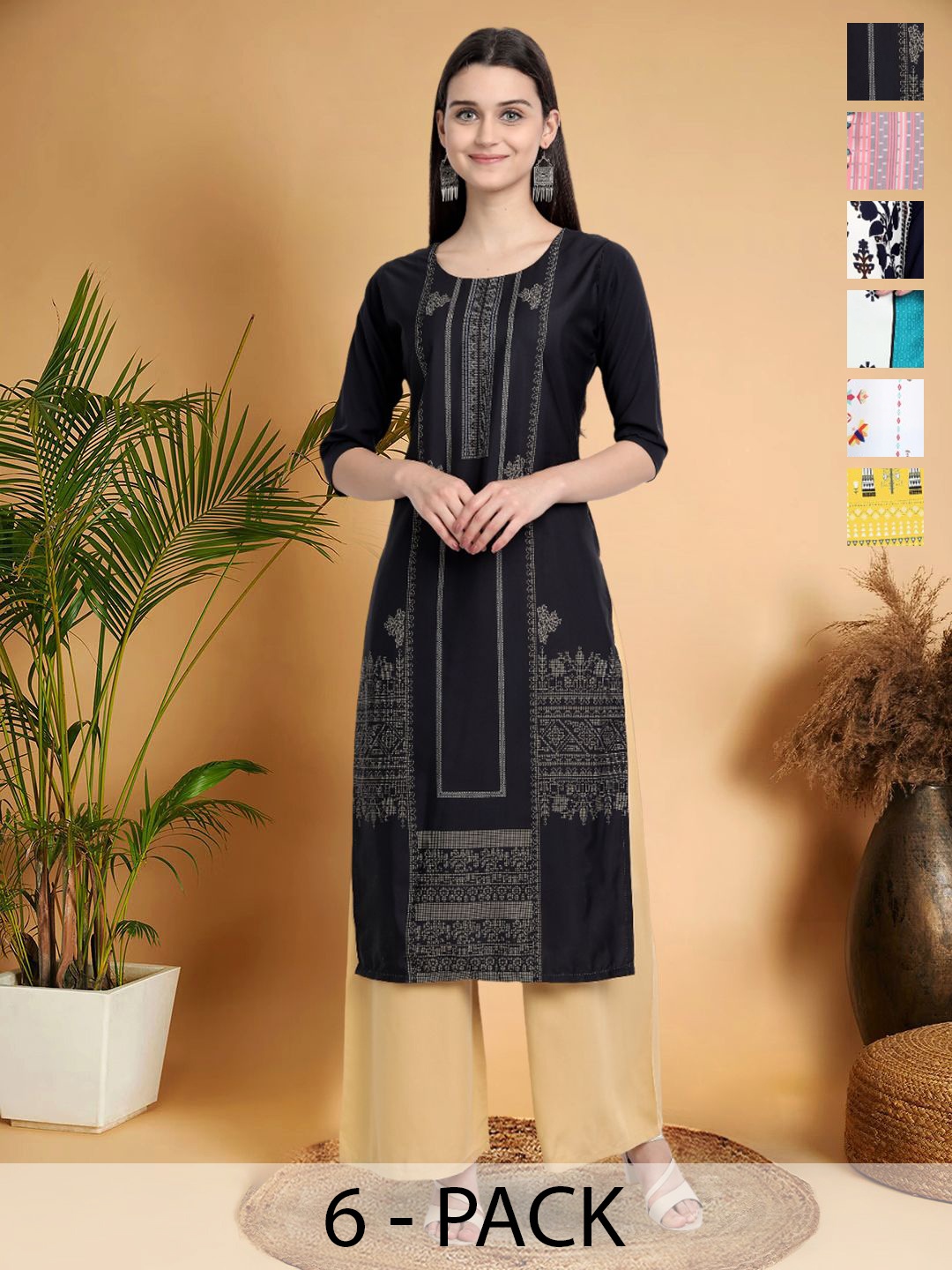 7Threads Selection Of 6 Ethnic Motifs Printed Round Neck Straight Kurtas, Black
7Threads Selection Of 6 Ethnic Motifs Printed Round Neck Straight Kurtas, Black