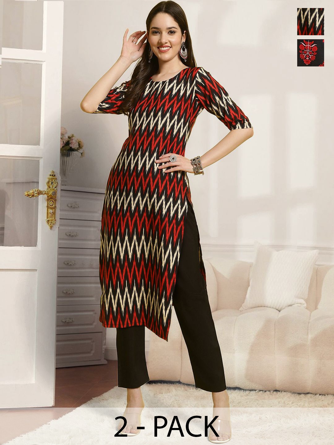 7Threads Selection Of 2 Ethnic Chevron Round Neck Straight Kurtas With Trousers, Black
7Threads Selection Of 2 Ethnic Chevron Round Neck Straight Kurtas With Trousers, Black