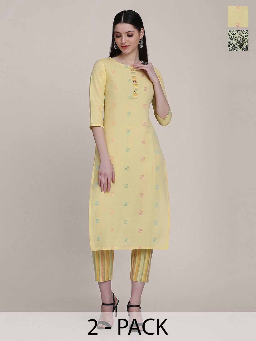 KALINI Selection Of 2 Geometric Woven Design Round Neck Straight Kurtas With Trousers, Yellow
KALINI Selection Of 2 Geometric Woven Design Round Neck Straight Kurtas With Trousers, Yellow