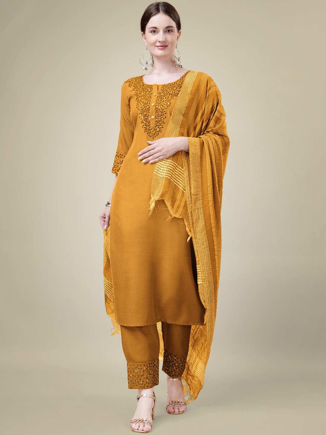 Riddhi Textile Hub Women Ethnic Motifs Embroidered Regular Sequinned Kurta with Trousers & With Dupatta, Yellow
Riddhi Textile Hub Women Ethnic Motifs Embroidered Regular Sequinned Kurta with Trousers & With Dupatta, Yellow