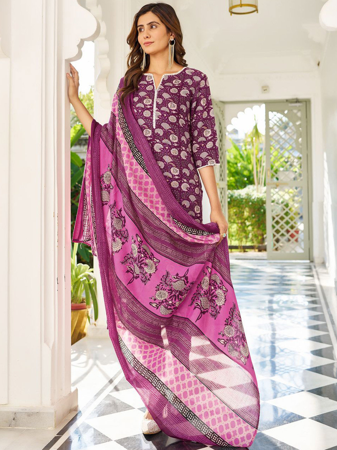 VIBE VISION Women Floral Printed Regular Gotta Patti Kurta with Trousers & With Dupatta, Purple 
VIBE VISION Women Floral Printed Regular Gotta Patti Kurta with Trousers & With Dupatta, Purple