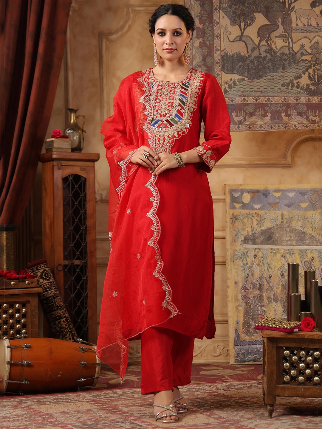 SCAKHI Women Embroidered Regular Dupion Silk Kurta with Trousers & With Dupatta, Red
SCAKHI Women Embroidered Regular Dupion Silk Kurta with Trousers & With Dupatta, Red