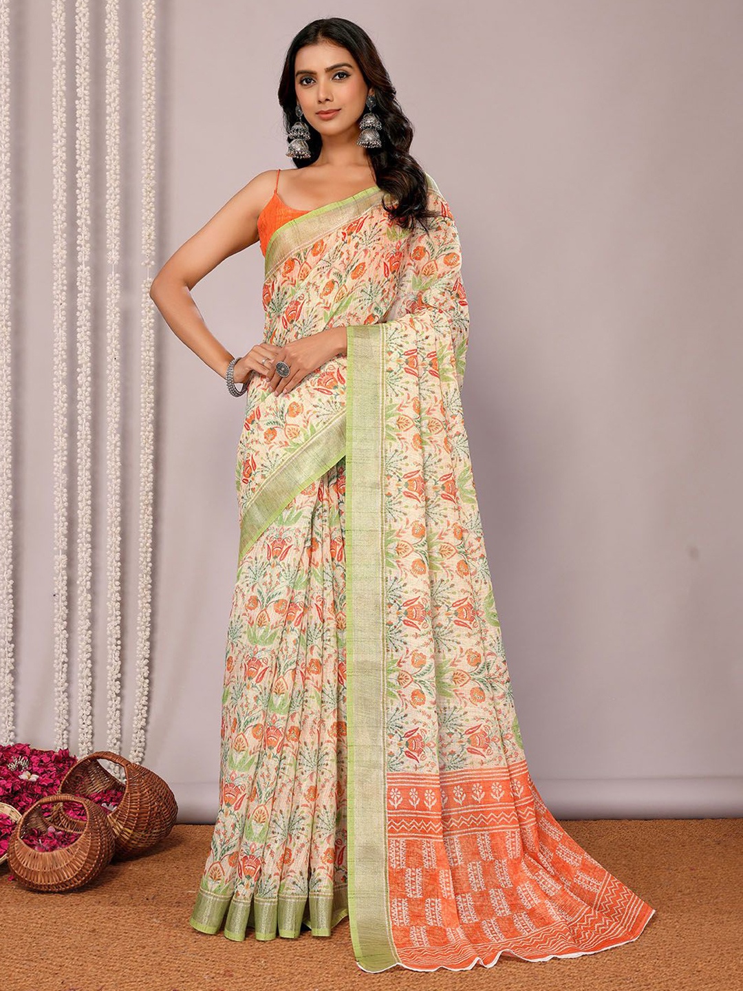 KALINI Women Light Green Linen Blend Floral Printed Daily Wear Saree with Blouse Piece
KALINI Women Light Green Linen Blend Floral Printed Daily Wear Saree with Blouse Piece