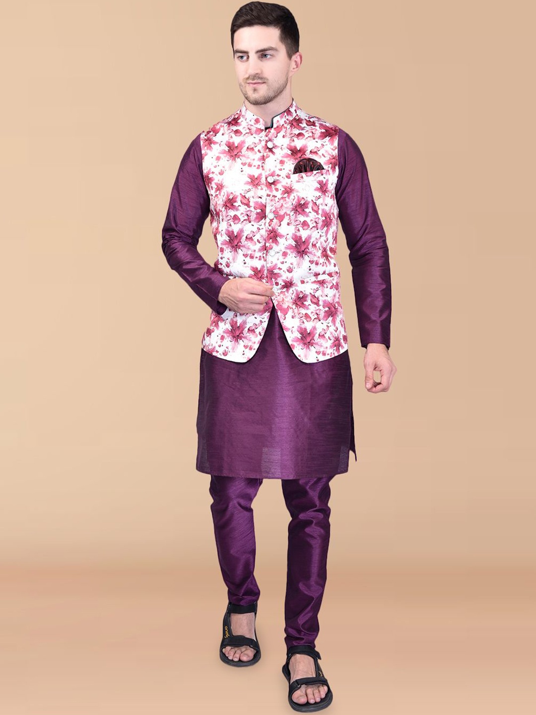 PRINTINDIA Mandarin Collar Long Sleeves Regular Pure Silk Kurta & Trouser & Nehru Jacket, Purple
PRINTINDIA Mandarin Collar Long Sleeves Regular Pure Silk Kurta & Trouser & Nehru Jacket, Purple
