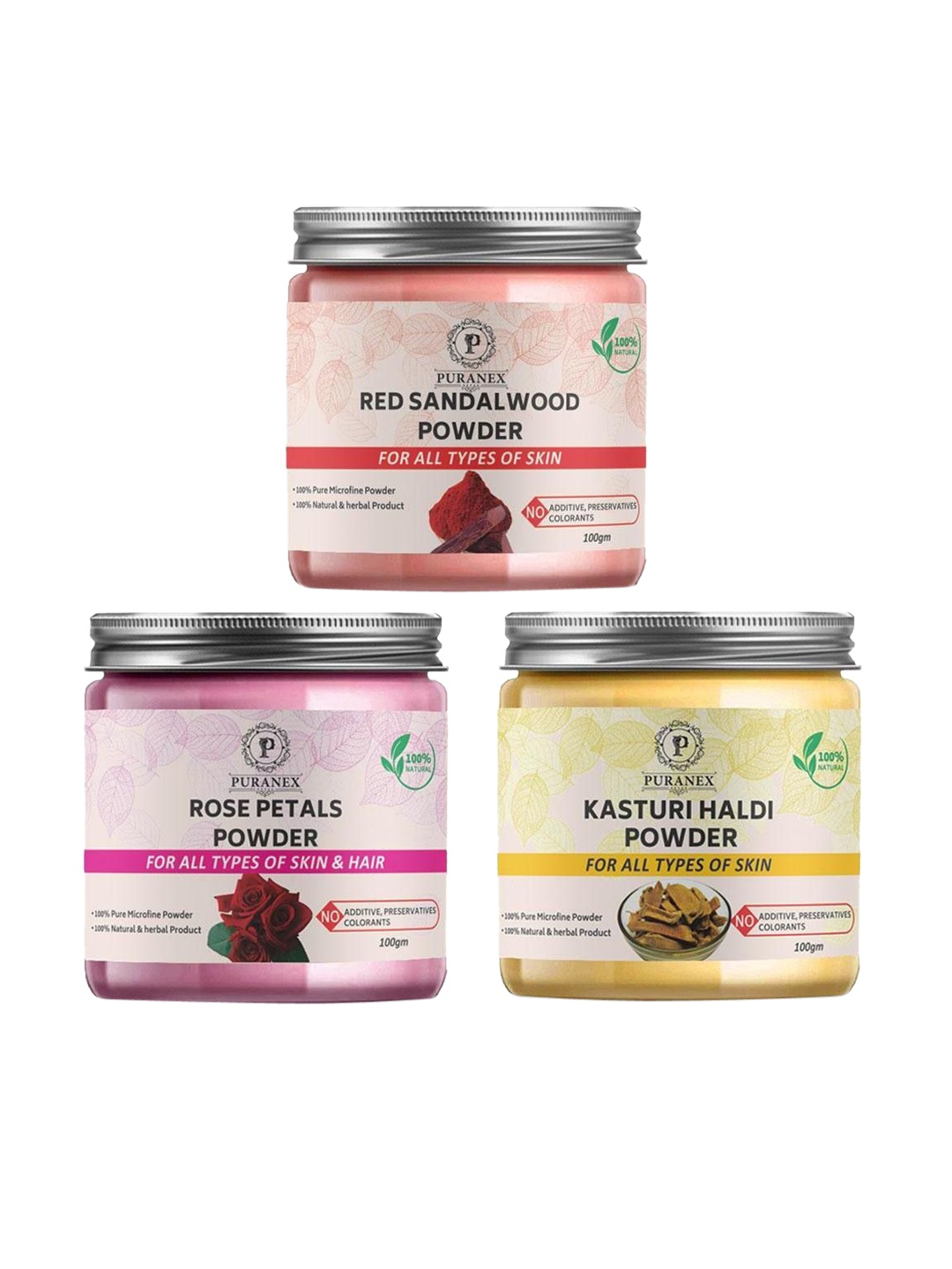 Puranex Set Of 3 Red Sandal Wood, Rose Petals & Kasturi Haldi Powder - 100 gm Each, White
Puranex Set Of 3 Red Sandal Wood, Rose Petals & Kasturi Haldi Powder - 100 gm Each, White