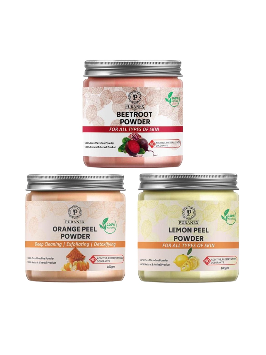 Puranex Set Of 3 Beet Root, Orange Peel & Lemon Peel Powder Face Pack - 100 g Each, White
Puranex Set Of 3 Beet Root, Orange Peel & Lemon Peel Powder Face Pack - 100 g Each, White