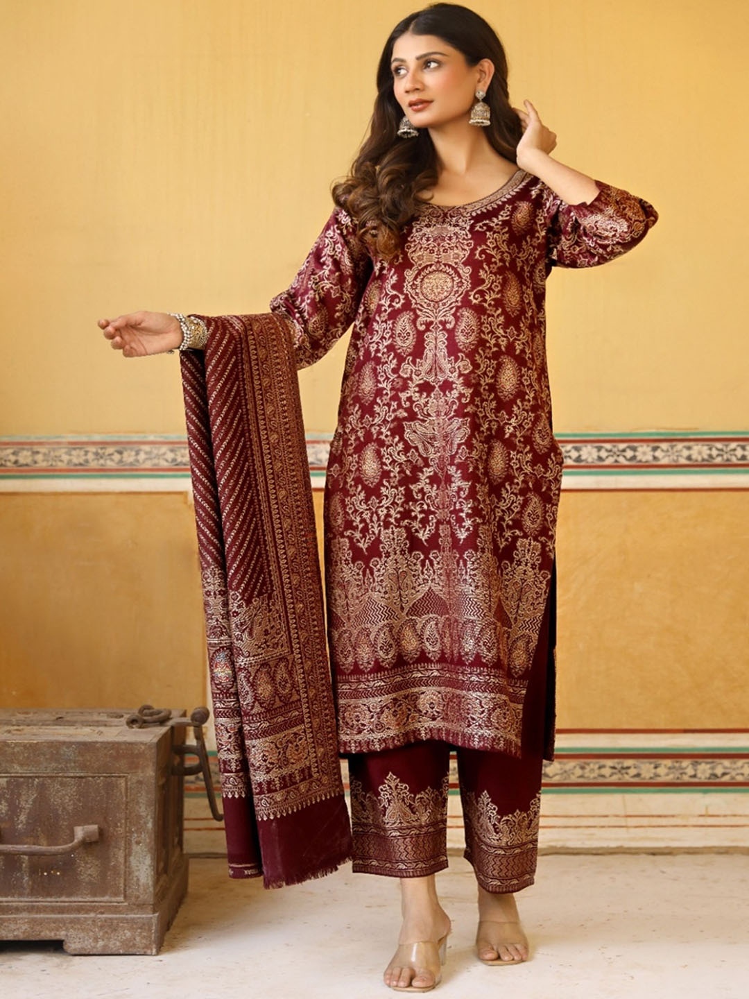 KIDAR Round Neck Ethnic Motifs Woven Design Cotton Silk Kurta with Trousers & Dupatta, Maroon
KIDAR Round Neck Ethnic Motifs Woven Design Cotton Silk Kurta with Trousers & Dupatta, Maroon