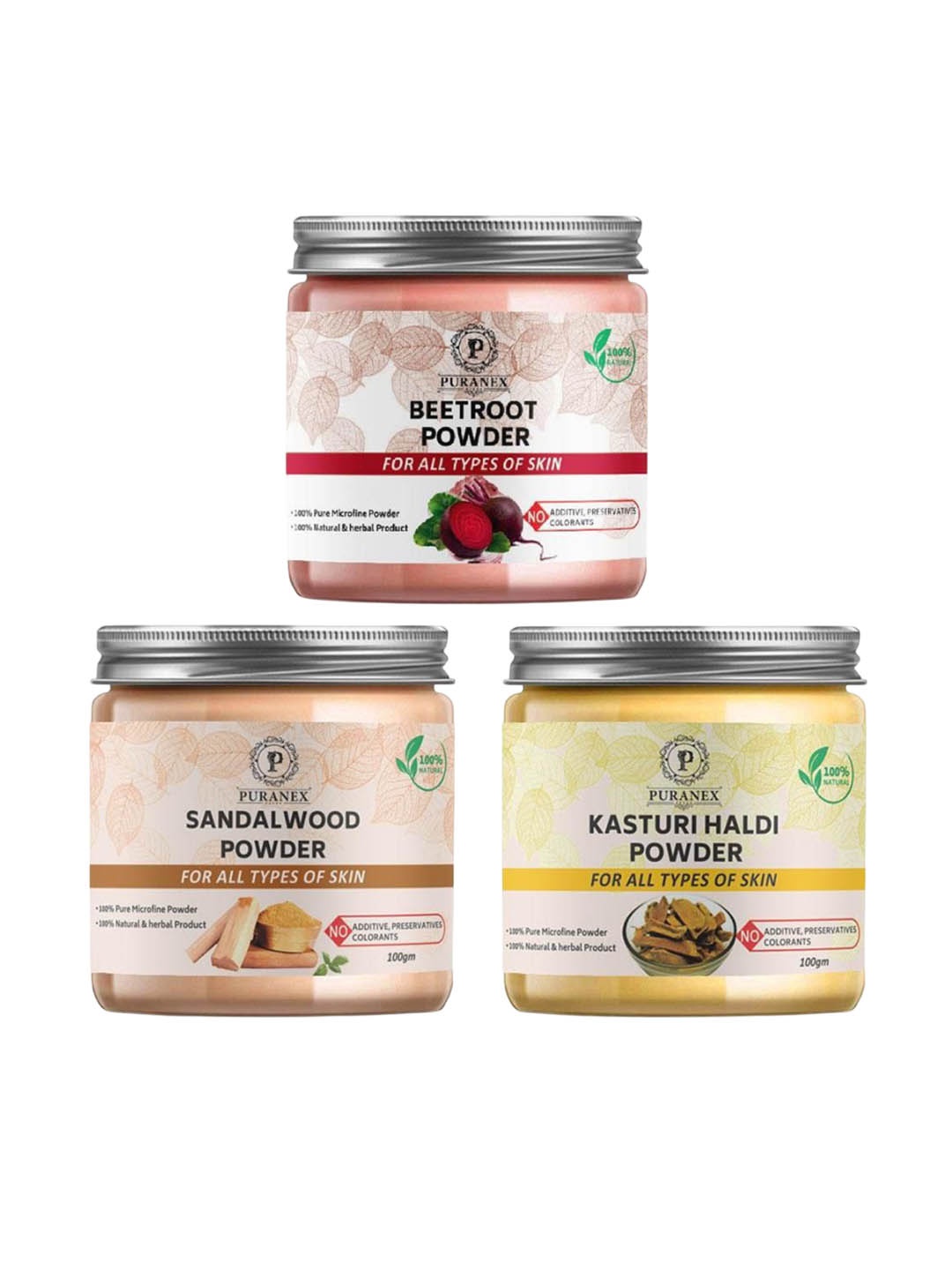 Puranex Set Of 3 Beetroot, Sandalwood & Kasturi Haldi Powder For Face - 100 g Each, White
Puranex Set Of 3 Beetroot, Sandalwood & Kasturi Haldi Powder For Face - 100 g Each, White