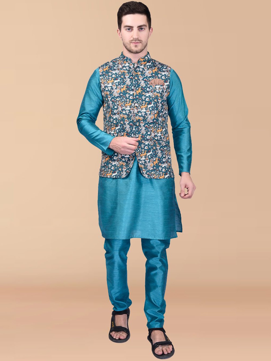 PRINTINDIA Mandarin Collar Long Sleeves Regular Pure Silk Kurta & Trouser & Nehru Jacket, Blue
PRINTINDIA Mandarin Collar Long Sleeves Regular Pure Silk Kurta & Trouser & Nehru Jacket, Blue