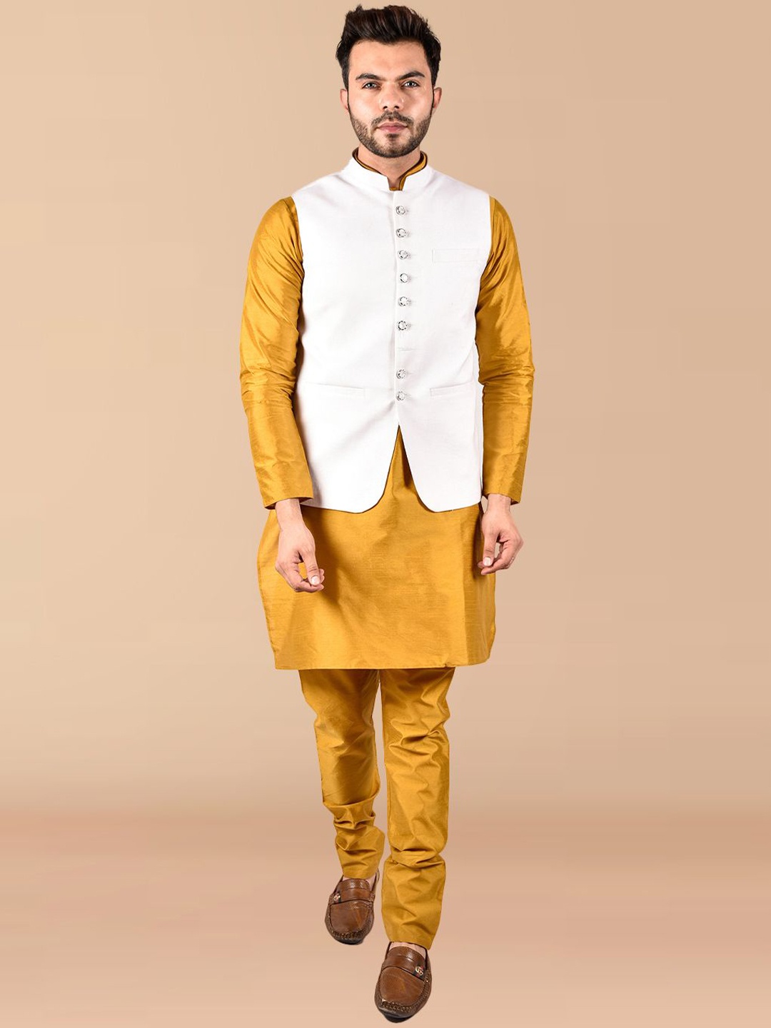PRINTINDIA Mandarin Collar Long Sleeves Regular Pure Silk Kurta & Trouser & Nehru Jacket, Mustard
PRINTINDIA Mandarin Collar Long Sleeves Regular Pure Silk Kurta & Trouser & Nehru Jacket, Mustard