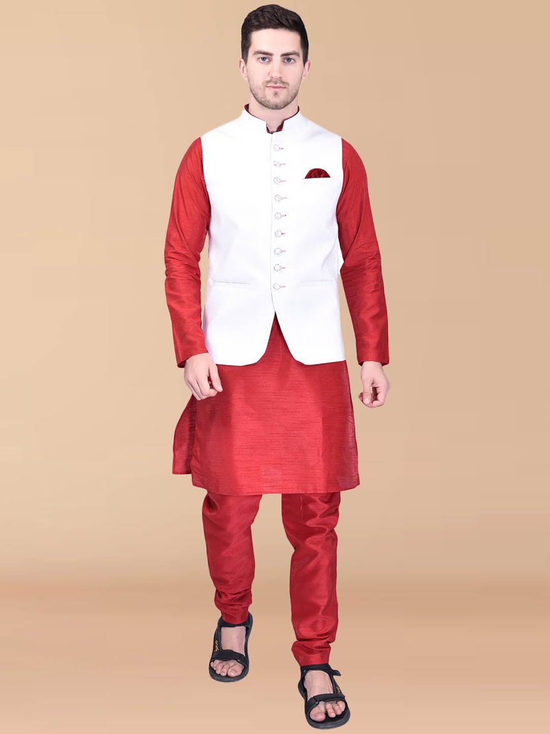 PRINTINDIA Mandarin Collar Long Sleeves Regular Pure Silk Kurta & Trouser & Nehru Jacket, Red
PRINTINDIA Mandarin Collar Long Sleeves Regular Pure Silk Kurta & Trouser & Nehru Jacket, Red