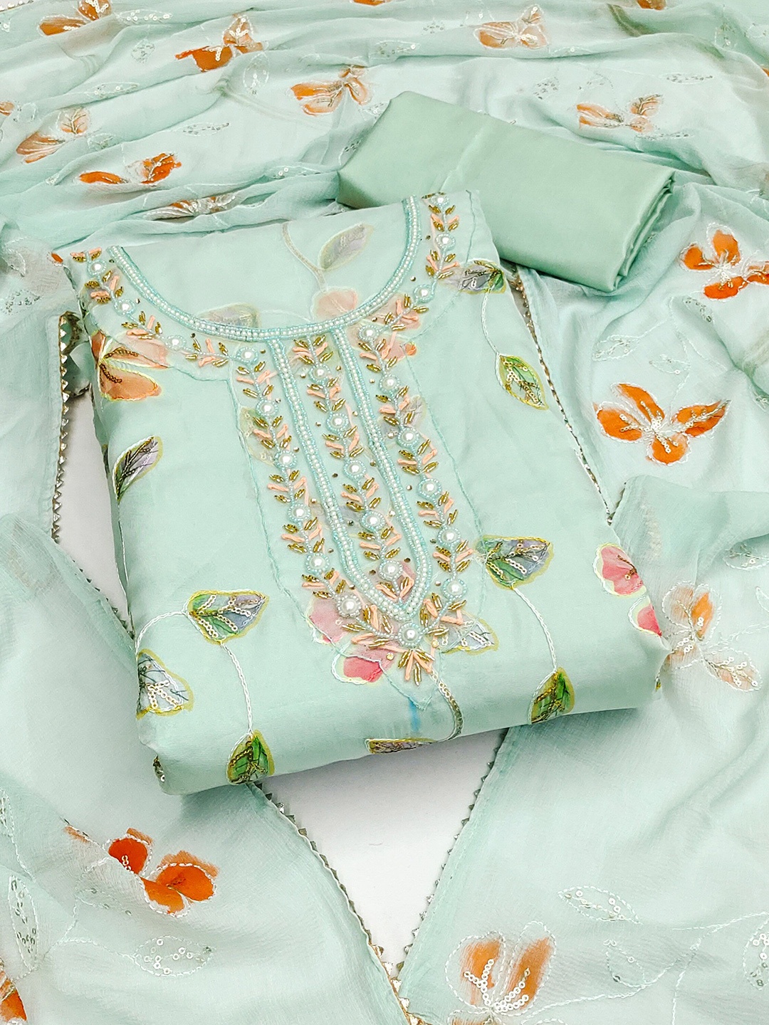 Maroosh Floral Printed Beads and Stones Organza Unstitched Dress Material, Sea green
Maroosh Floral Printed Beads and Stones Organza Unstitched Dress Material, Sea green