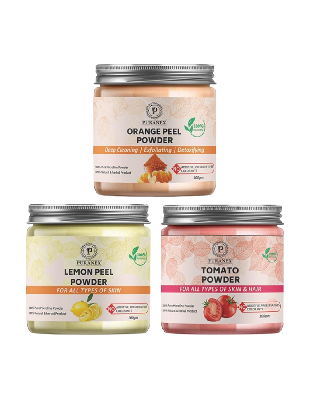 Puranex Set Of 3 Orange Peel, Lemon Peel & Tomato Powder For Face - 100 g Each, White
Puranex Set Of 3 Orange Peel, Lemon Peel & Tomato Powder For Face - 100 g Each, White
