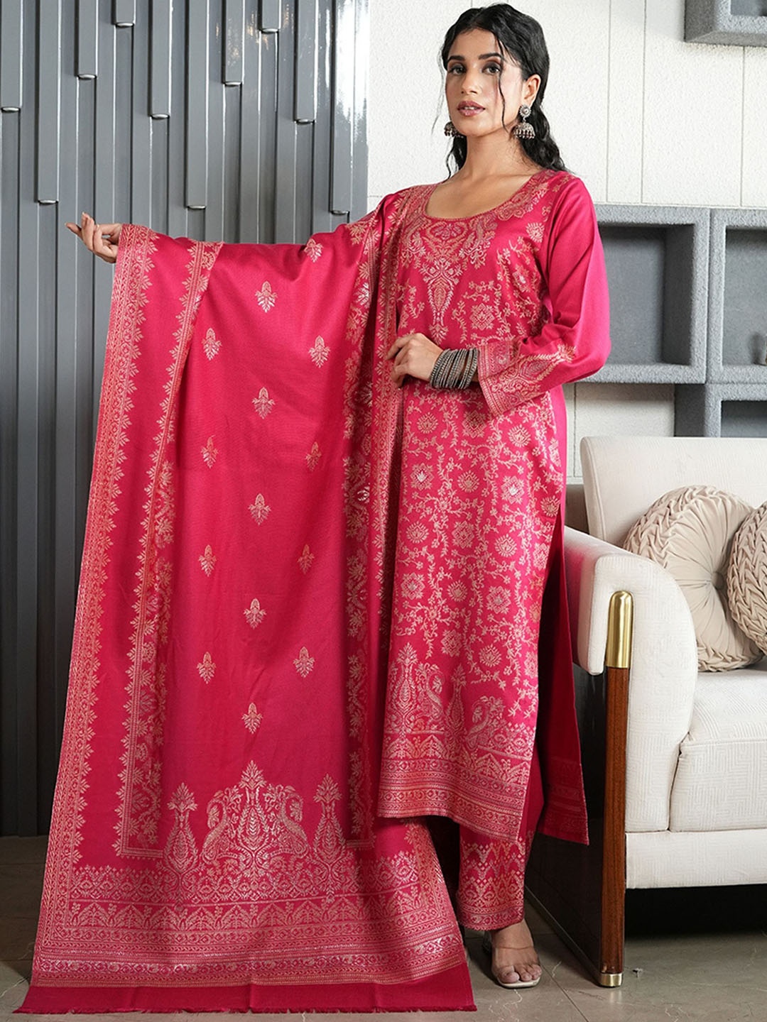 KIDAR Ethnic Motifs Woven Design Straight Cotton Silk Kurta with Trouser & Dupatta, Magenta
KIDAR Ethnic Motifs Woven Design Straight Cotton Silk Kurta with Trouser & Dupatta, Magenta