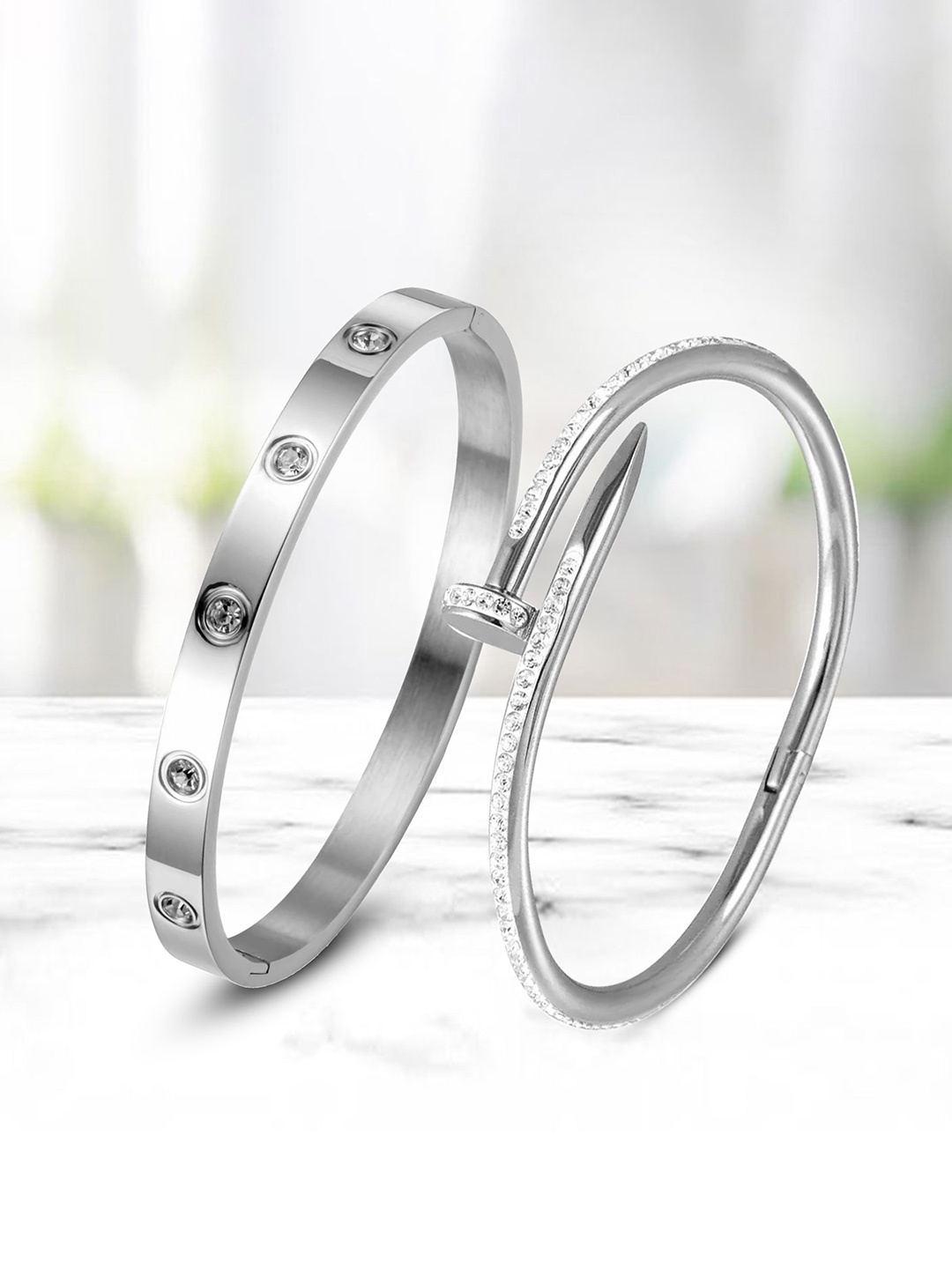 MEENAZ Set of 2 Silver-Plated Stainless Steel Anti Tarnish CZ-Stone Studded Kada Bracelets
MEENAZ Set of 2 Silver-Plated Stainless Steel Anti Tarnish CZ-Stone Studded Kada Bracelets