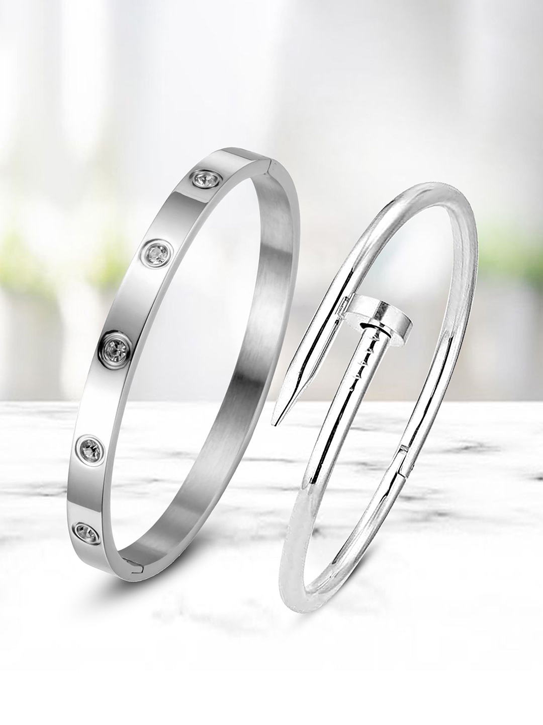 MEENAZ Set of 2 Silver-Plated Stainless Steel Anti Tarnish CZ-Stone Studded Kada Bracelets
MEENAZ Set of 2 Silver-Plated Stainless Steel Anti Tarnish CZ-Stone Studded Kada Bracelets