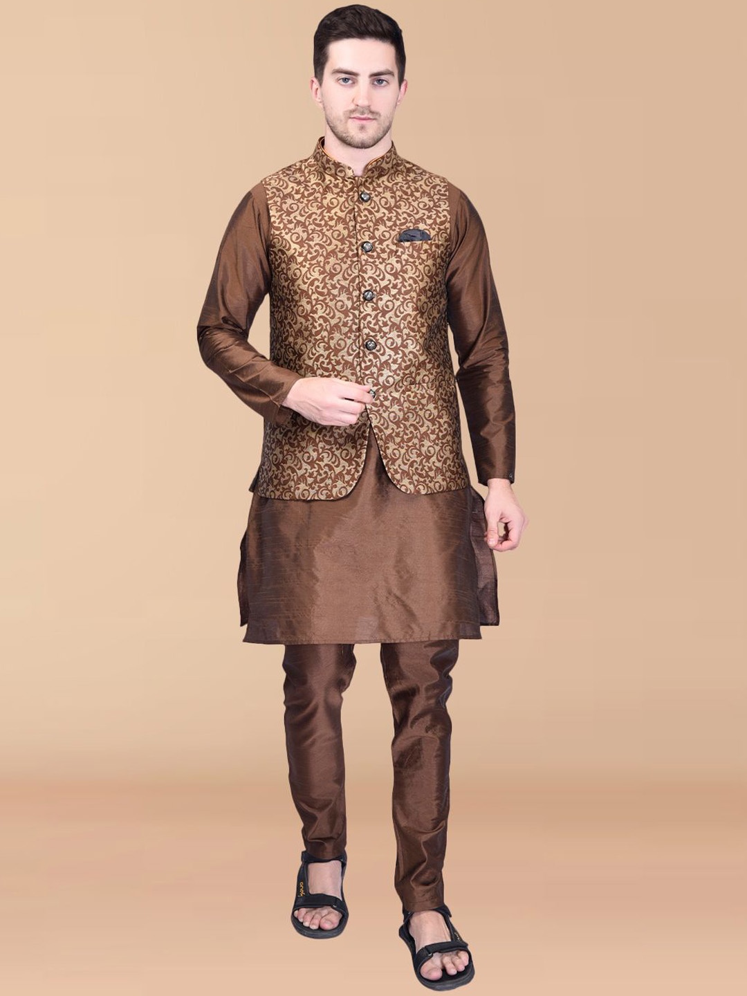 PRINTINDIA Mandarin Collar Long Sleeves Regular Pure Silk Kurta & Trouser & Nehru Jacket, Brown
PRINTINDIA Mandarin Collar Long Sleeves Regular Pure Silk Kurta & Trouser & Nehru Jacket, Brown